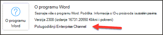 Pokazatelj polugodišnjeg kanala za velika preduzeća u oblasti „O programu Word“ odeljka „Informacije o proizvodu“.