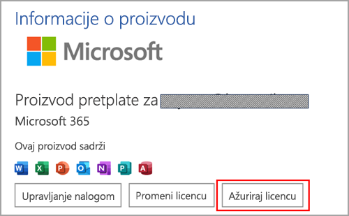 Pronalaženje dugmeta „Ažuriraj licencu“ u programu Microsoft Word u operativnom sistemu Windows.