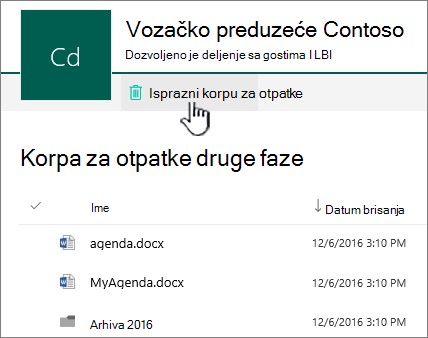 SharePoint Online korpa za otpatke drugog nivoa sa istaknutim dugmetom 