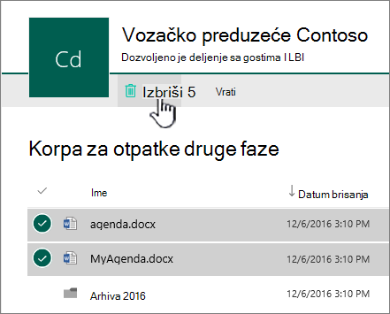 SharePoint Online recikliranje drugog nivoa sa istaknutim dugmetom 
