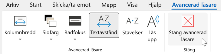 Verktyget Avancerad läsare i Outlook med markör som hovrar över nära