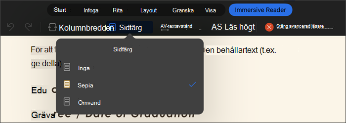 skärmbild av avancerad läsare med sidfärg markerad, alternativ är inga, sepia, invertera