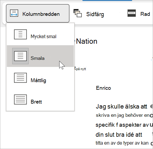 skärmbild av listrutan kolumnbredd för avancerad läsare, alternativen är mycket smala, smala, måttliga, breda