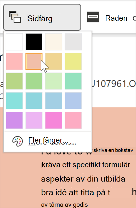 skärmbild av den nedrullningsbara menyn sidfärg för avancerad läsare. En färgpalett visas och bakgrunden som visas bakom listrutan är pastell orange