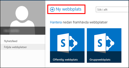 Nistes sida i SharePoint Online, med knappen Ny webbplats