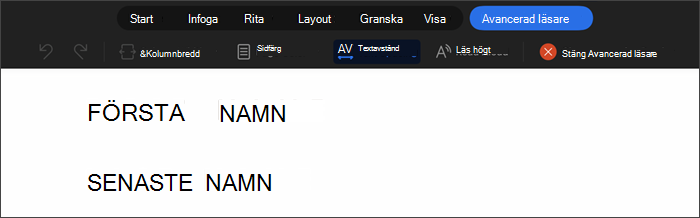 skärmbild av avancerad läsare med textavstånd markerat. utrymmet mellan varje textbokstav expanderas