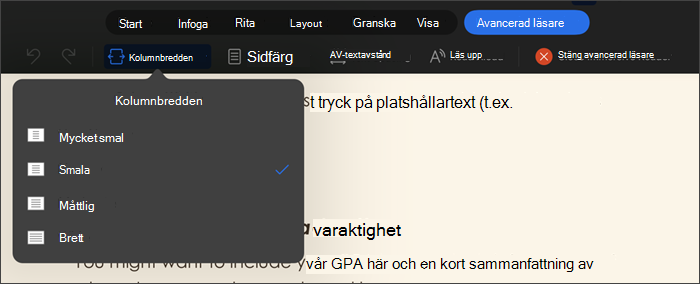 skärmbild av avancerad läsare med kolumnbredden markerad, alternativen är mycket smala, smala, måttliga, breda