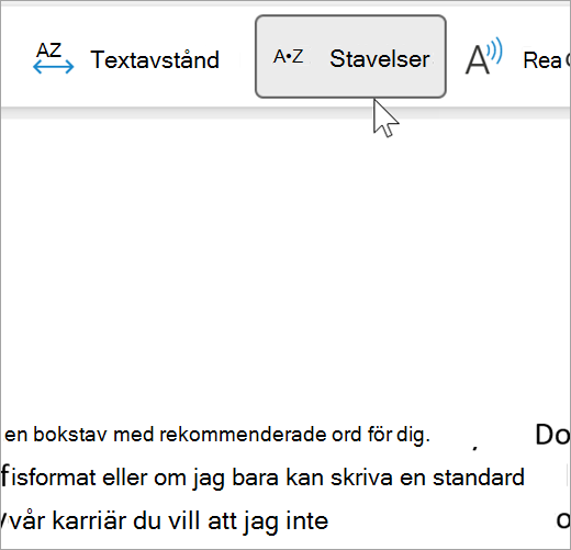 Skärmbild av stavelsefunktionen i avancerad läsare markerad och som visar ett par ord i ett e-postmeddelande som är indelat i stavelser. ordet rekommendation visas som rec dot om dot men dot da dot tion