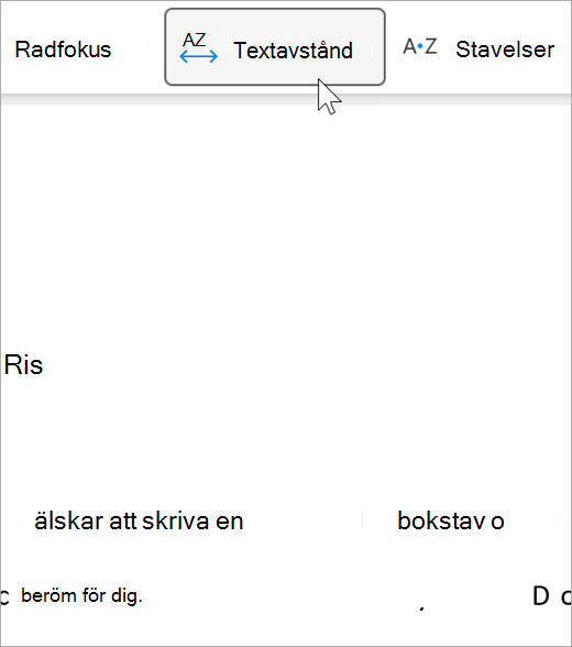 Skärmbild av textavståndsalternativet för avancerad läsare, det finns ett större avstånd mellan bokstäver och mellan ord