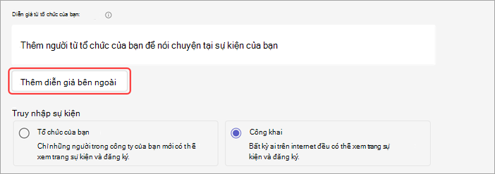 Ảnh chụp màn hình hiển thị cách thêm diễn giả bên ngoài vào hội thảo web