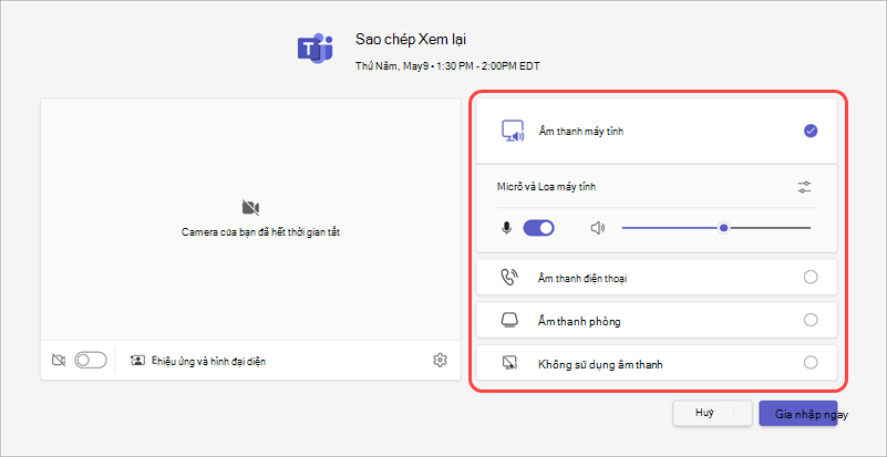 Chọn nguồn âm thanh của bạn cho cuộc họp từ màn hình gia nhập trước.