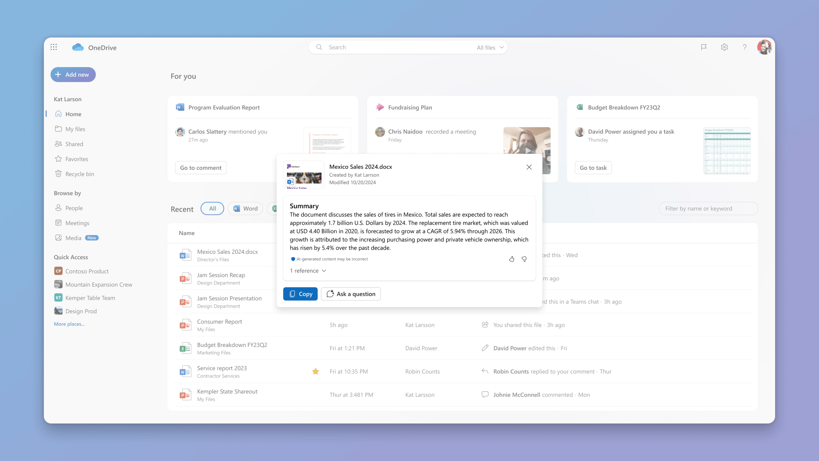 OneDrive 中的 Copilot 摘要檔案案例的螢幕擷取畫面