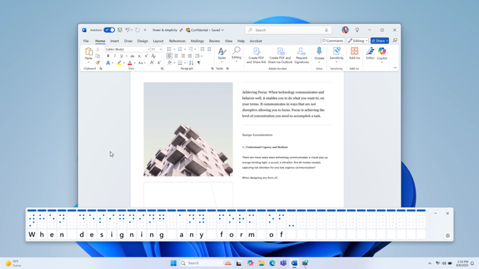 螢幕上的文字與點字表示，透過 Word 文件呈現。