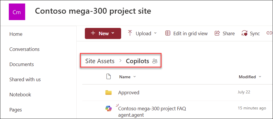 如果從首頁建立，可儲存 Copilot 代理程式的位置螢幕擷取畫面