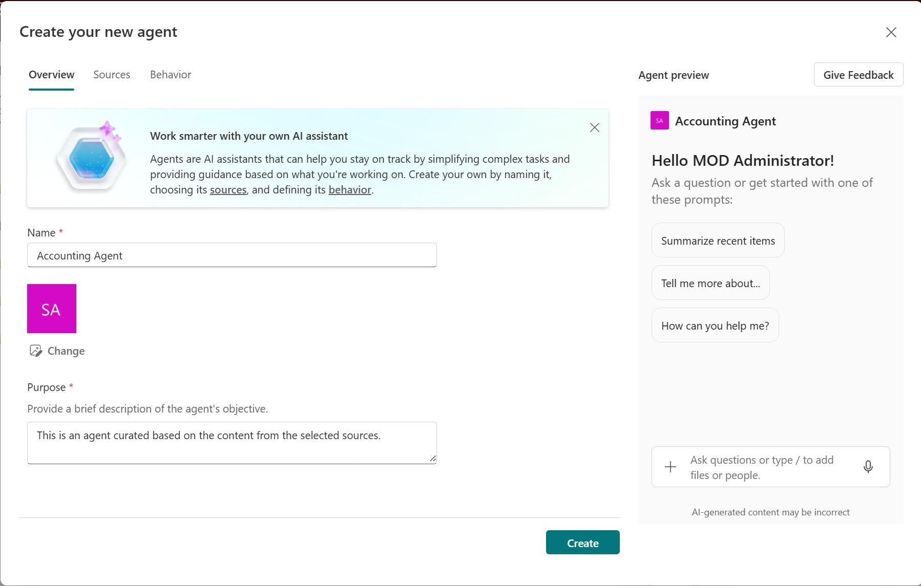 截圖顯示 SharePoint 代理建構器在建立新代理時的使用。