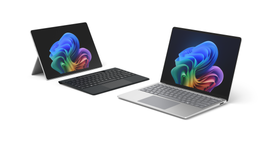 Surface Pro 以傾斜角度朝左，Surface Laptop 以傾斜角度朝右的視圖。