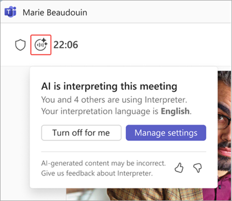 Microsoft Teams 會議中突顯直譯器指示器的截圖。